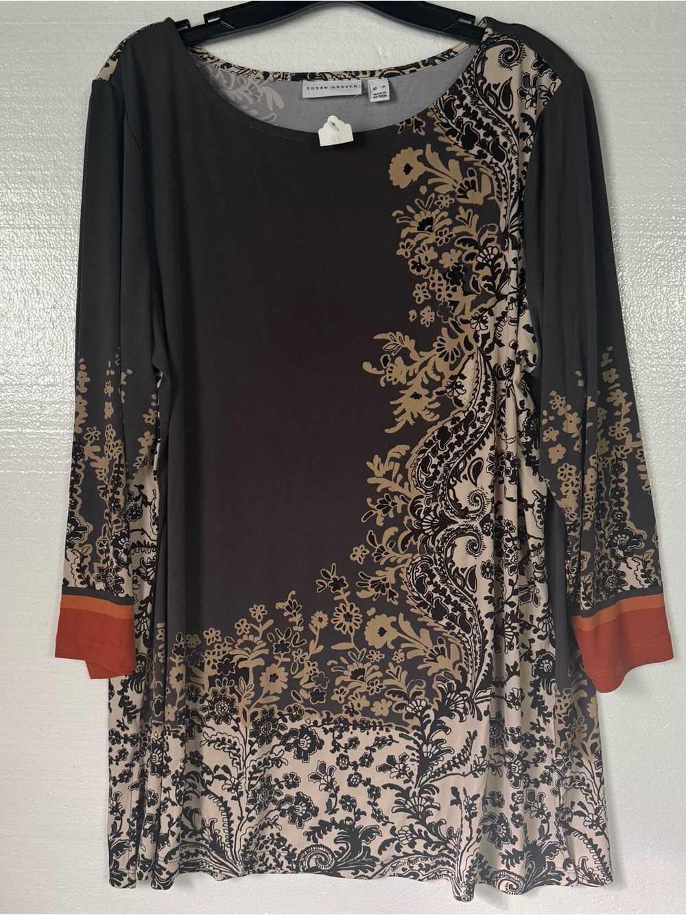 Susan Graver Top Women XL Multicolor Floral Print 3/4 Sleeve Tunic Liquid Knit